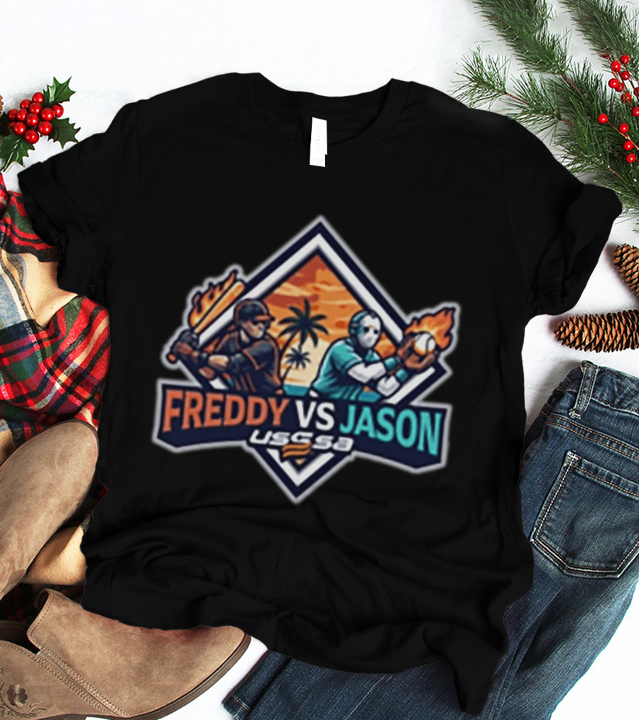 USSSA Freddy Vs Jason Baseball Tournament Palm Tree Flames Bat Catcher T-Shirt