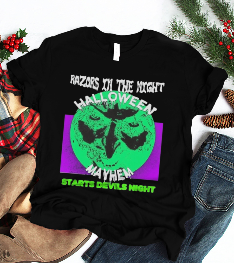 Razors In The Night Halloween Mayhem Starts Devils Night Green Skull T-Shirt