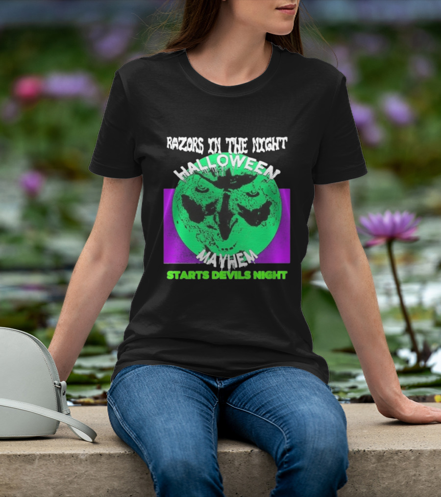Razors In The Night Halloween Mayhem Starts Devils Night Green Skull T-Shirt