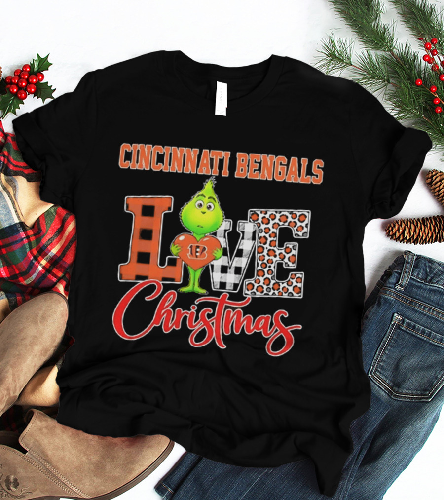 Cincinnati Bengals Love Christmas Grinch Heart Checkered Leopard T-Shirt