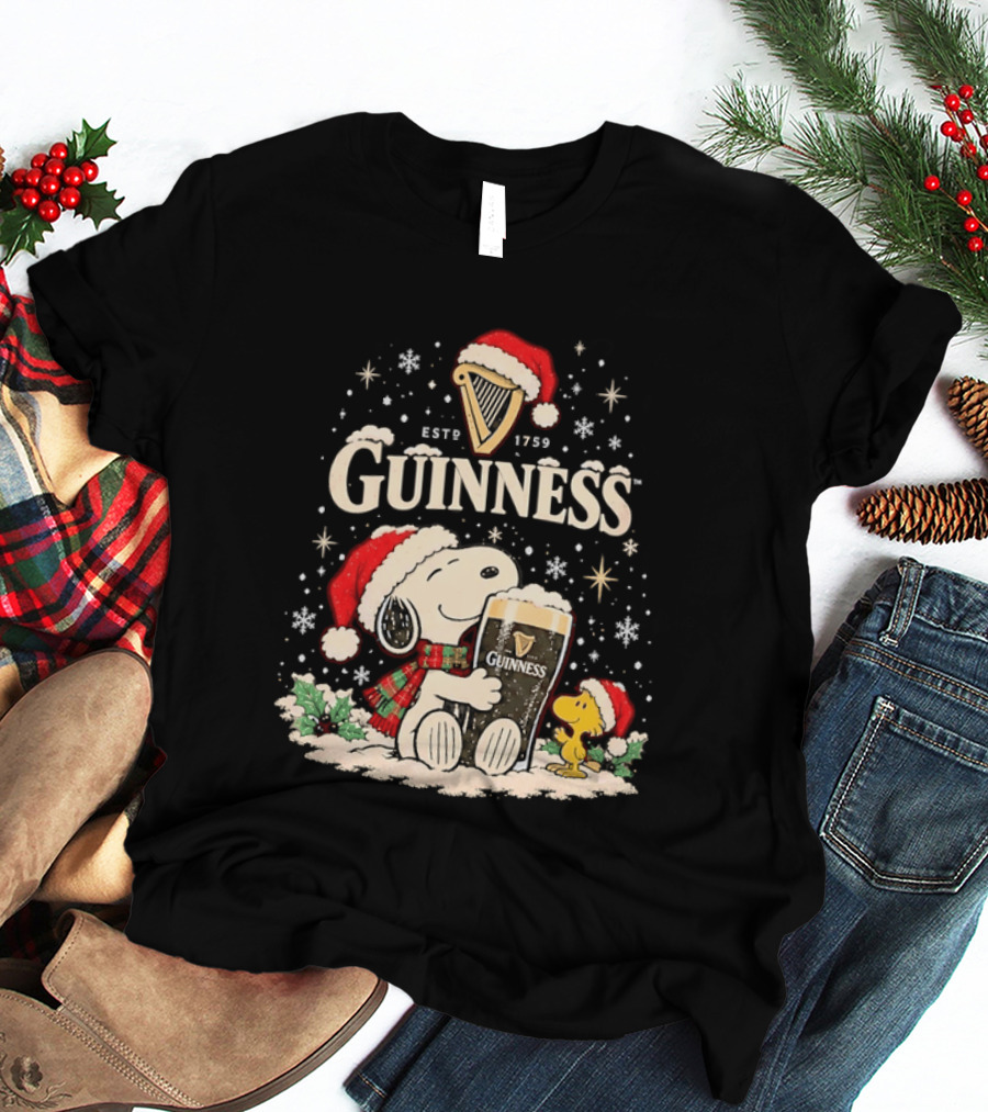 Snoopy Woodstock Guinness Christmas Snoopy Santa Hat Guinness Beer T-Shirt