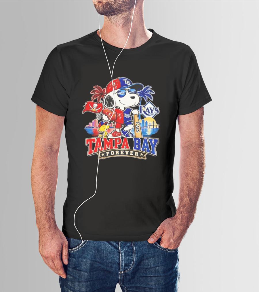 Snoopy Tampa Bay Buccaneers And Rays Forever Vibrant Skyline And Palm Trees T-Shirt