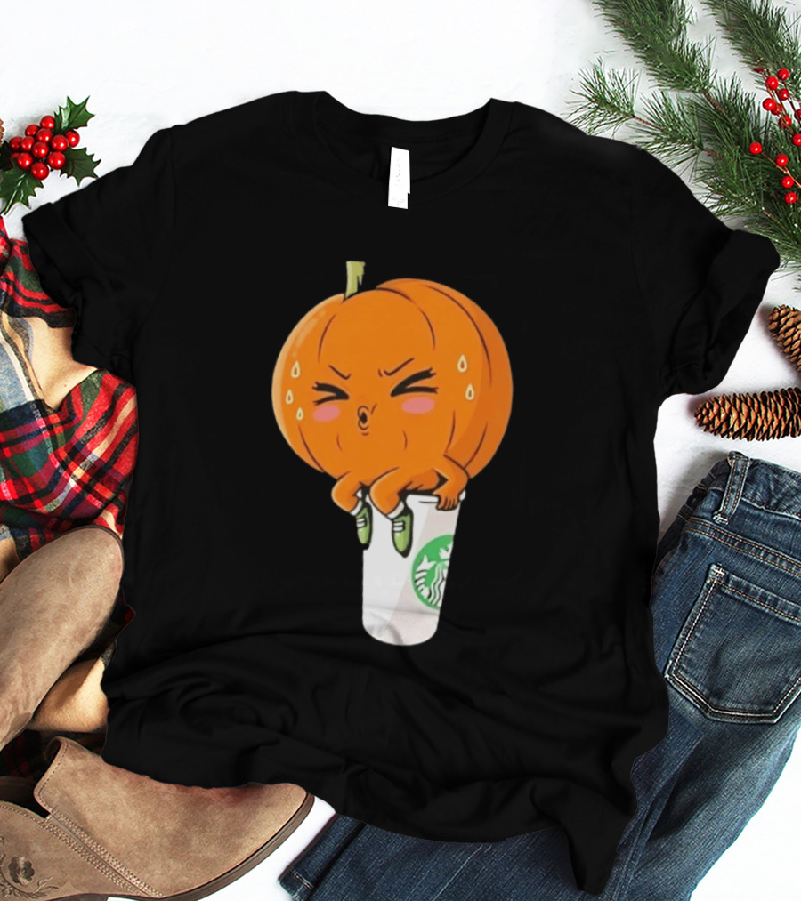 Sweating Pumpkin Sitting On A Starbucks Coffee Cup T-Shirt