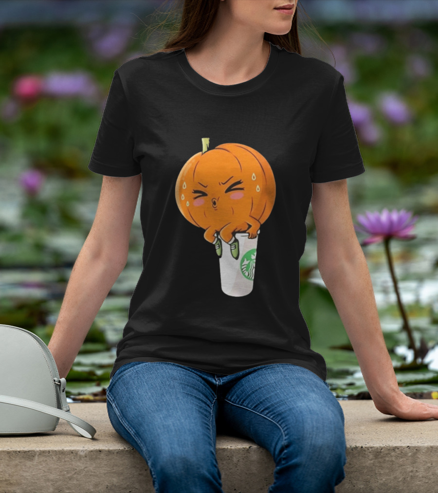 Sweating Pumpkin Sitting On A Starbucks Coffee Cup T-Shirt