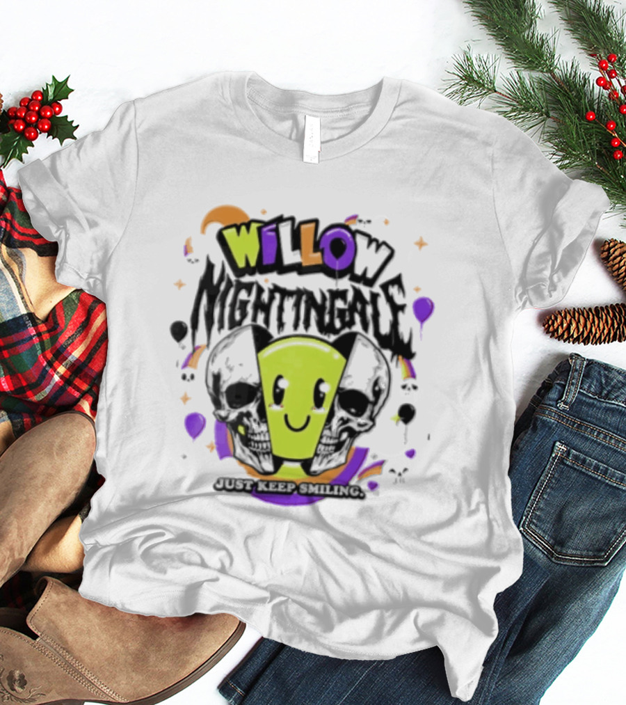 AEW Willow Nightingale Just Keep Smiling Skull Smiley Face T-Shirt