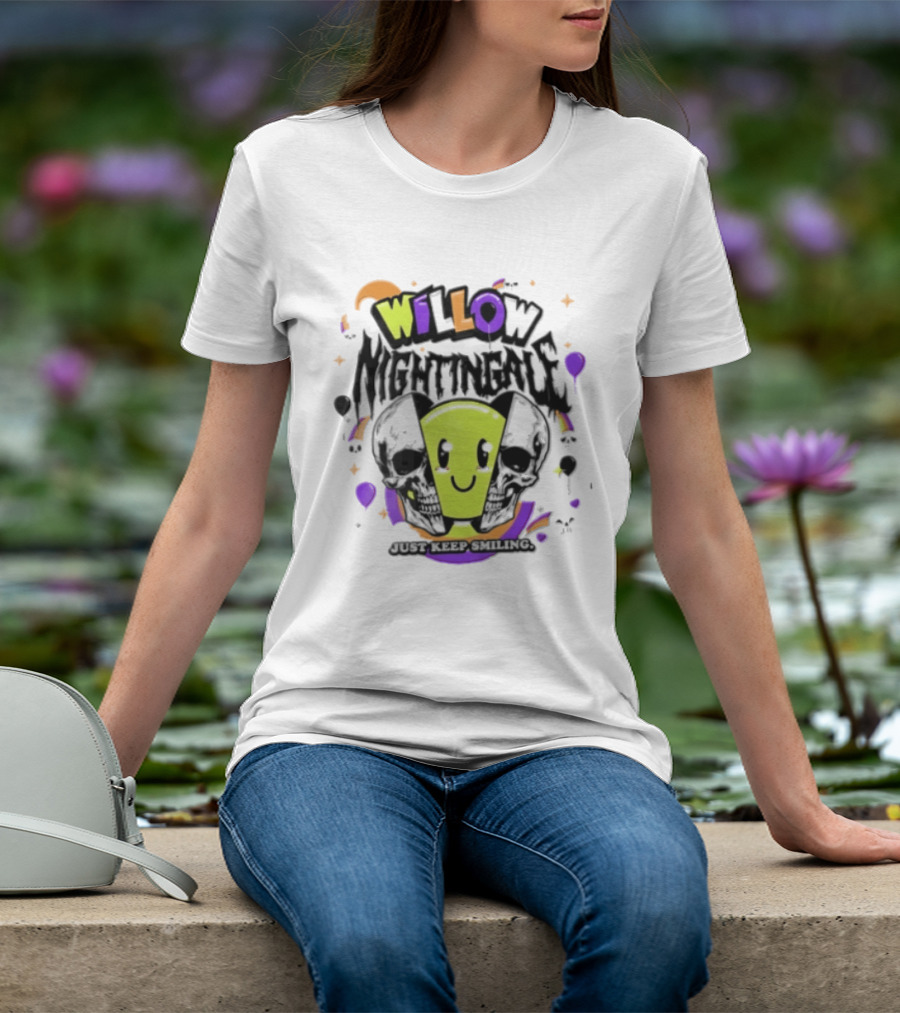 AEW Willow Nightingale Just Keep Smiling Skull Smiley Face T-Shirt