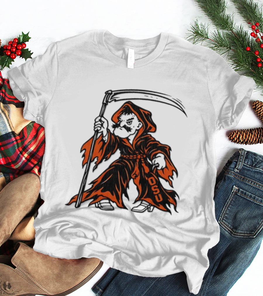OSU Oklahoma State 2026 Halloween Grim Reaper Scythe Cowboy T-Shirt