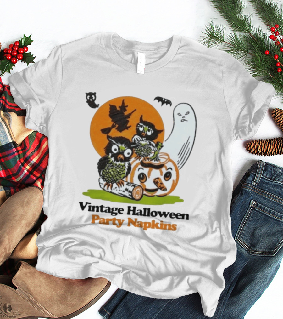 Vintage Halloween Party Napkins Owls Pumpkin Ghost Witch Bats T-Shirt