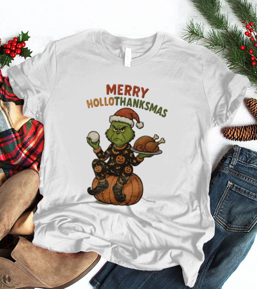 Merry Hollothanksmas The Grinch In Pumpkin Outfit With Santa Hat And Thanksgiving Turkey Plate T-Shirt