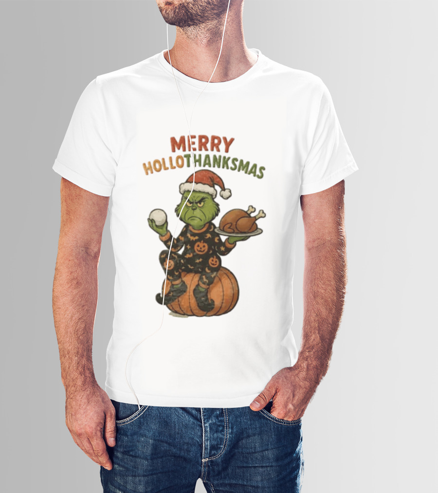 Merry Hollothanksmas The Grinch In Pumpkin Outfit With Santa Hat And Thanksgiving Turkey Plate T-Shirt
