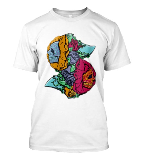 Two Skulls With Vibrant Roses And Sharp Blades T-Shirt