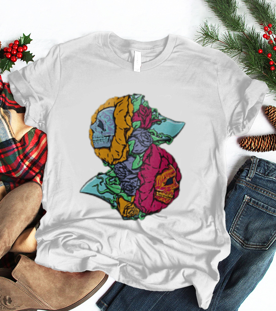 Two Skulls With Vibrant Roses And Sharp Blades T-Shirt