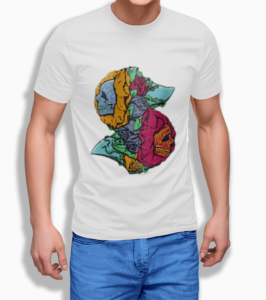Two Skulls With Vibrant Roses And Sharp Blades T-Shirt