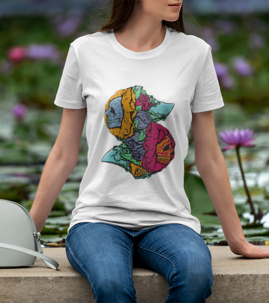 Two Skulls With Vibrant Roses And Sharp Blades T-Shirt
