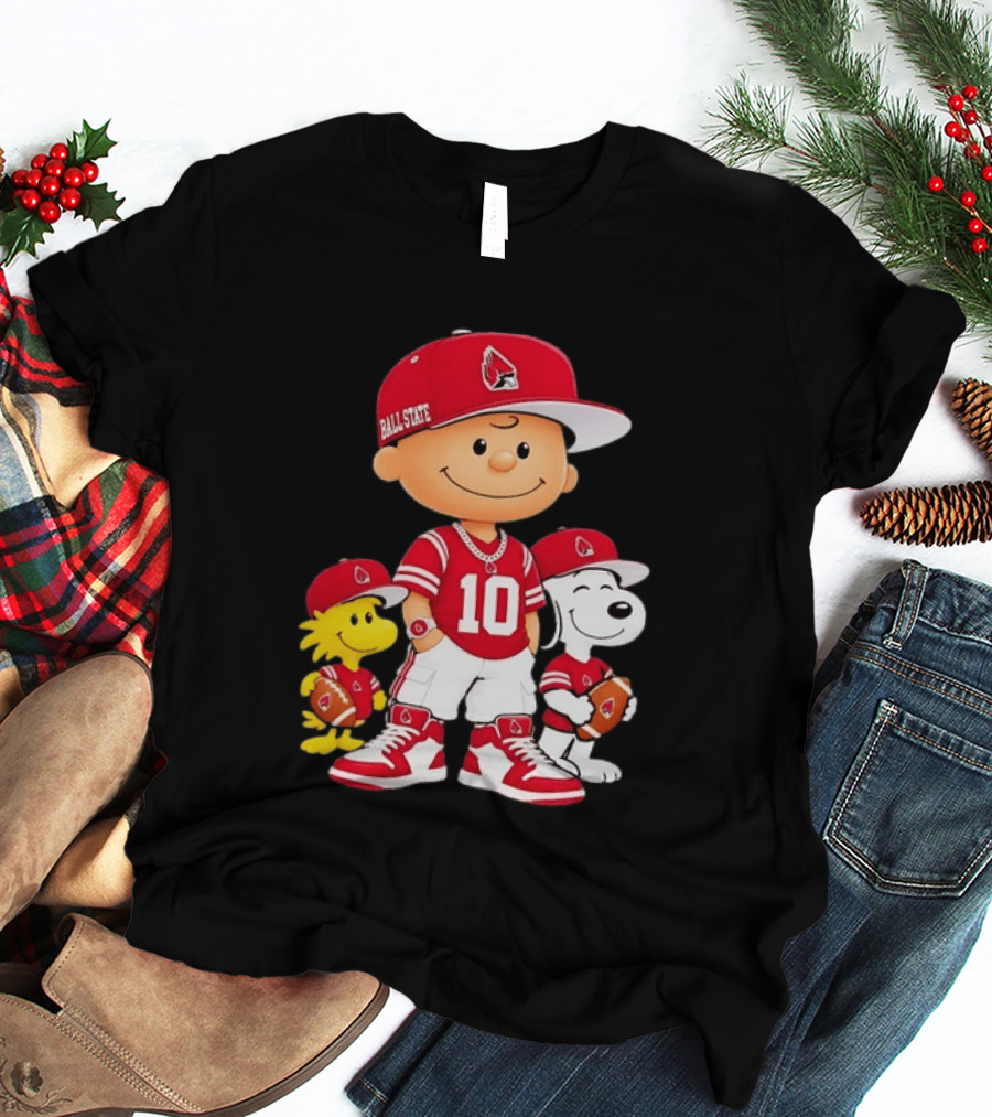 Ball State Cardinals Charlie Brown Woodstock Snoopy Number 10 Football Fans T-Shirt