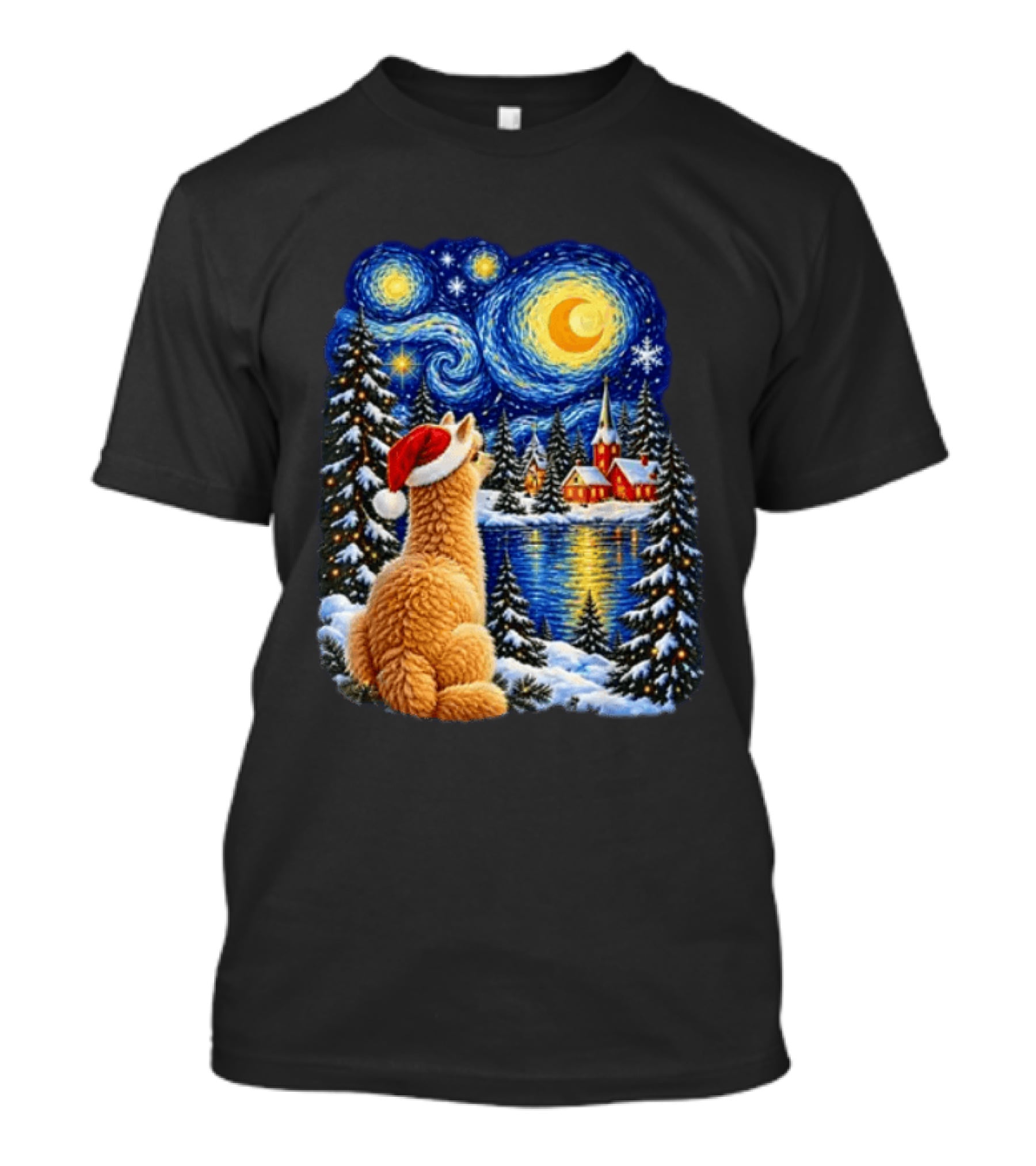 Llama Christmas Starry Night Holiday Van Gogh Style Winter Scene T-Shirt