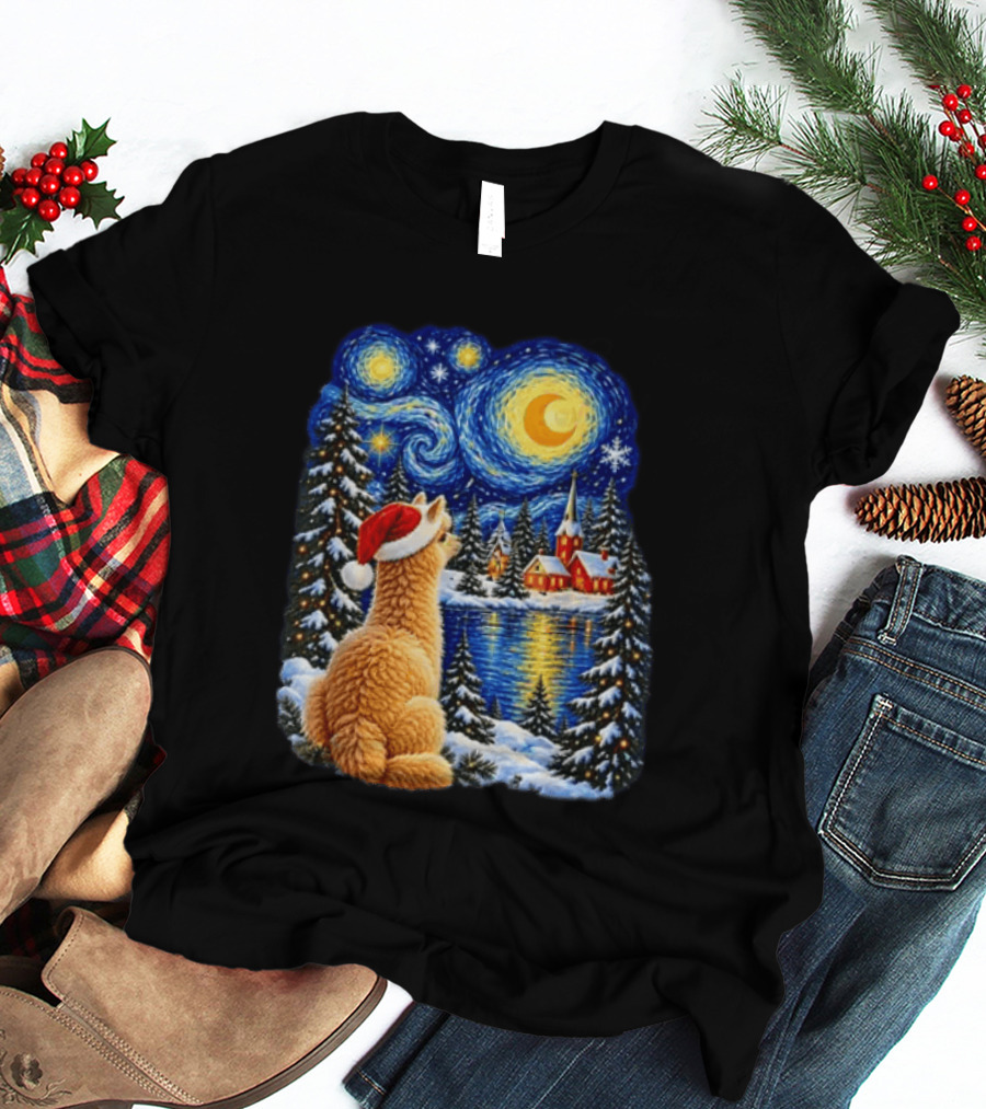 Llama Christmas Starry Night Holiday Van Gogh Style Winter Scene T-Shirt