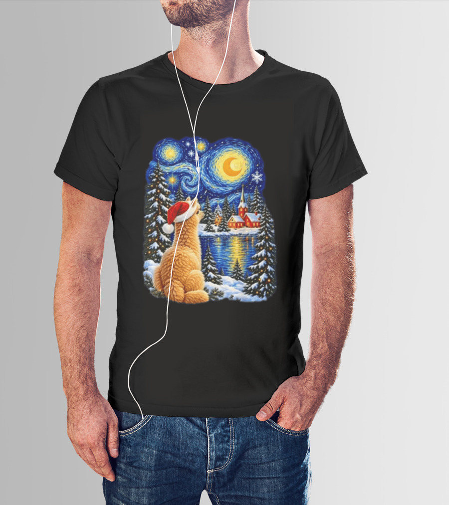 Llama Christmas Starry Night Holiday Van Gogh Style Winter Scene T-Shirt