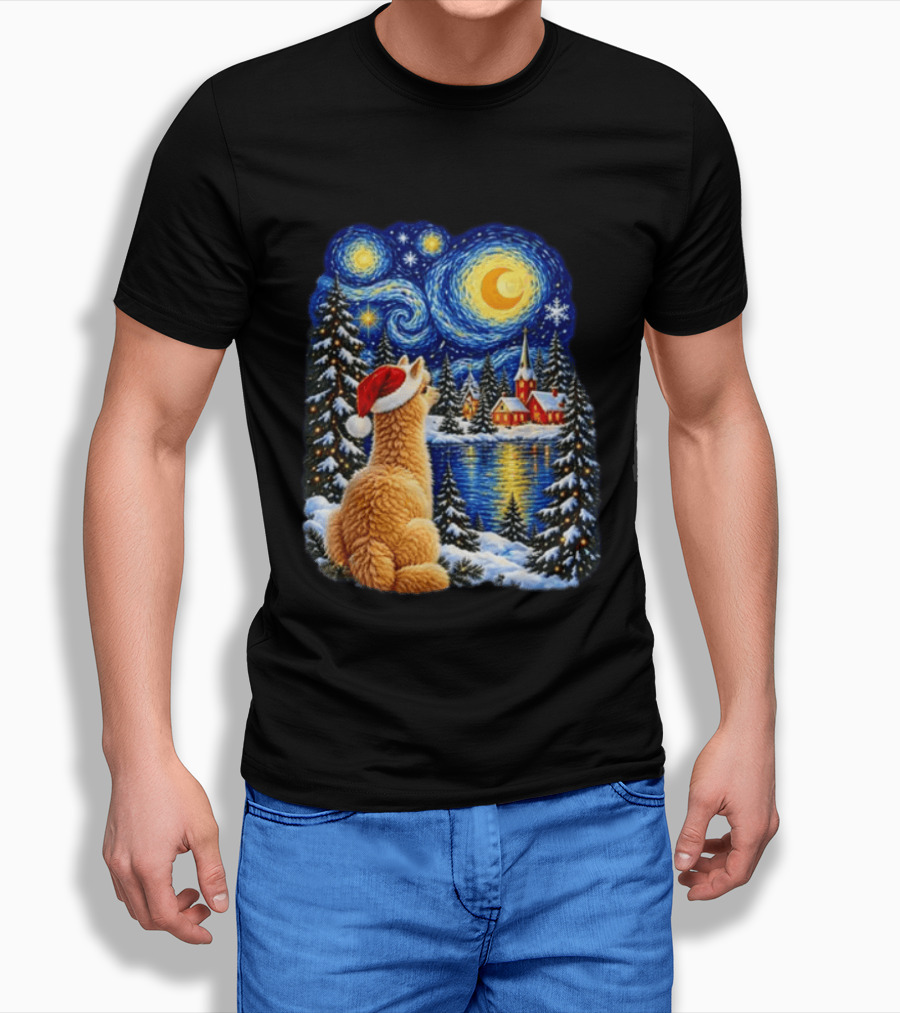 Llama Christmas Starry Night Holiday Van Gogh Style Winter Scene T-Shirt