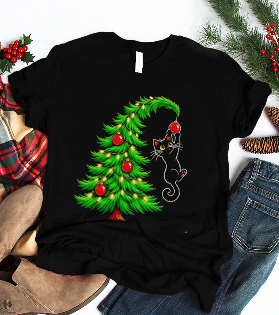 Black Cat Christmas Tree Ornament Holiday Festive Cats And Santa Hat T-Shirt