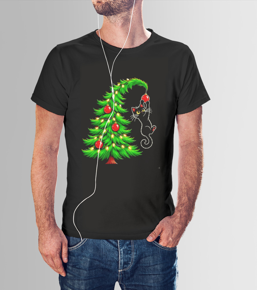 Black Cat Christmas Tree Ornament Holiday Festive Cats And Santa Hat T-Shirt