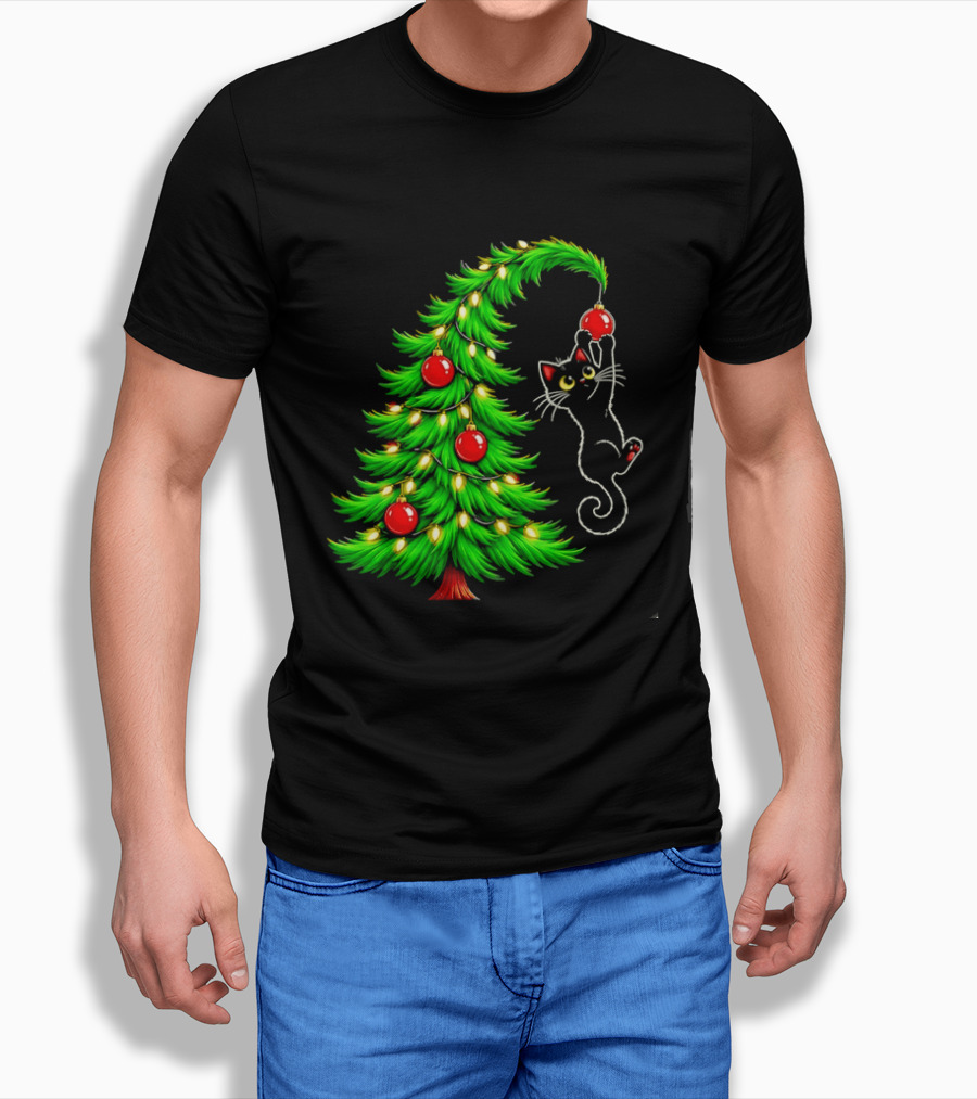 Black Cat Christmas Tree Ornament Holiday Festive Cats And Santa Hat T-Shirt