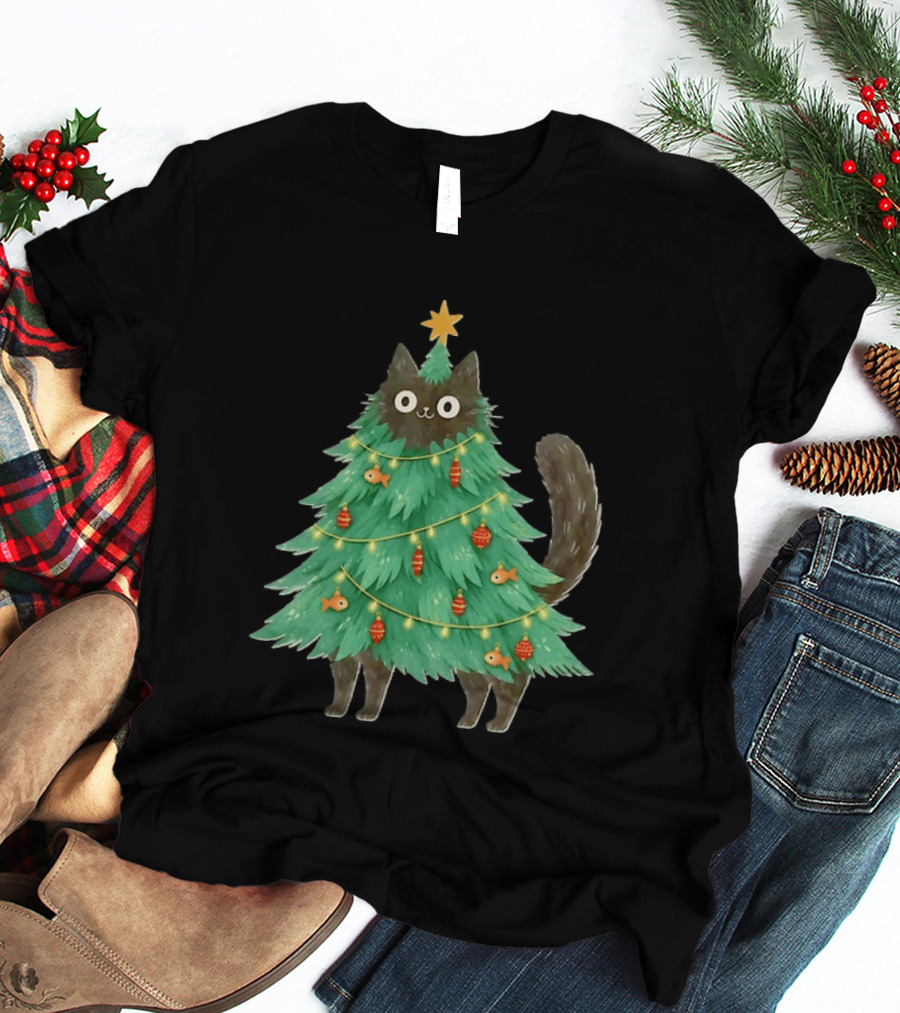 Black Cat Christmas Tree Holiday With Fish And Ornaments T-Shirt