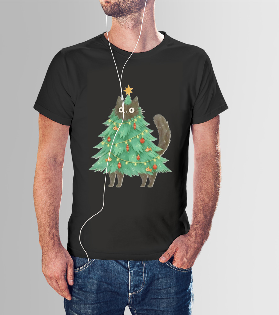 Black Cat Christmas Tree Holiday With Fish And Ornaments T-Shirt