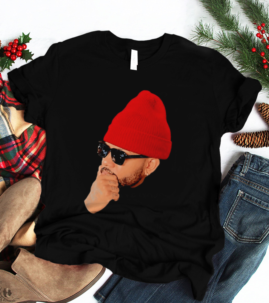 Bryson Tiller Wearing Red Beanie And Sunglasses T-Shirt