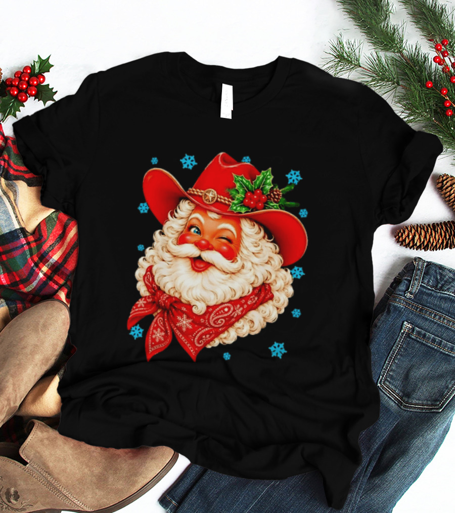 Cowboy Santa Claus With Red Hat And Bandana Christmas Holiday Winking T-Shirt
