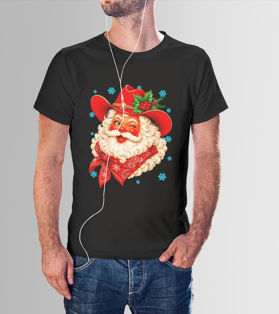Cowboy Santa Claus With Red Hat And Bandana Christmas Holiday Winking T-Shirt