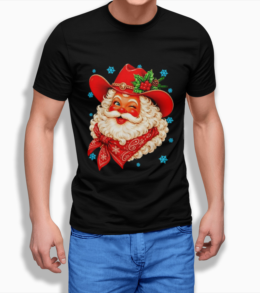 Cowboy Santa Claus With Red Hat And Bandana Christmas Holiday Winking T-Shirt