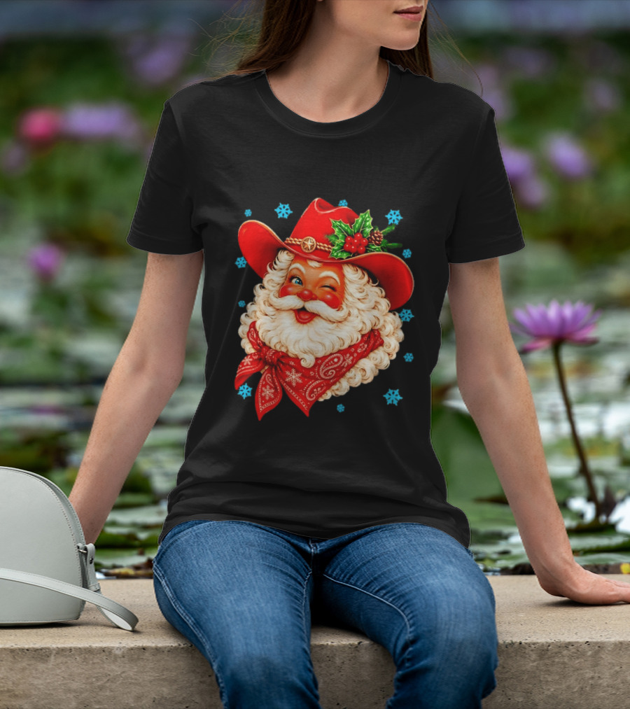 Cowboy Santa Claus With Red Hat And Bandana Christmas Holiday Winking T-Shirt