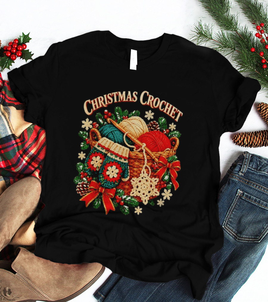 Christmas Crochet Yarn Basket Mittens Holiday Decor T-Shirt