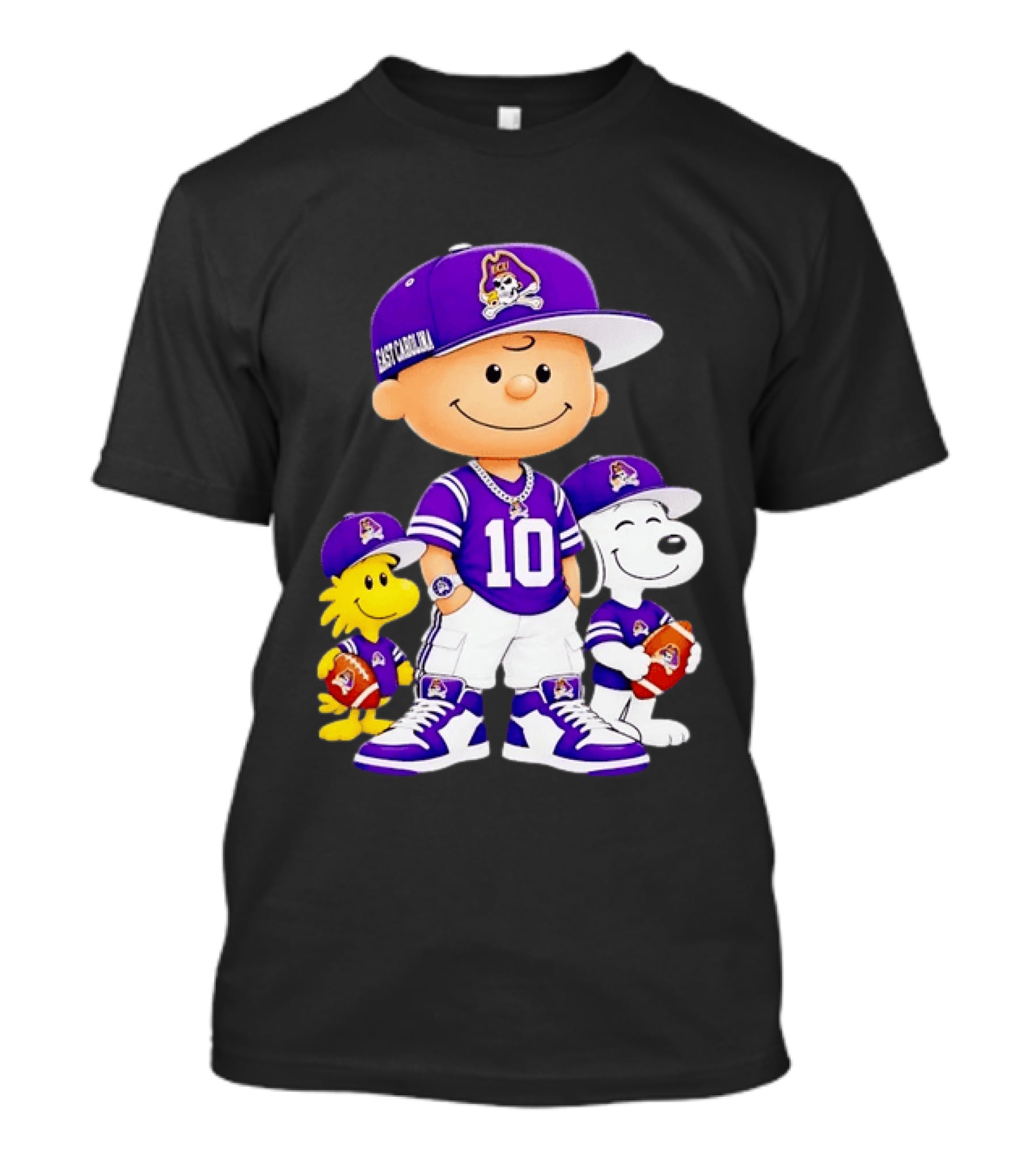 East Carolina Pirates Charlie Brown Woodstock Snoopy Number 10 Football Fans T-Shirt