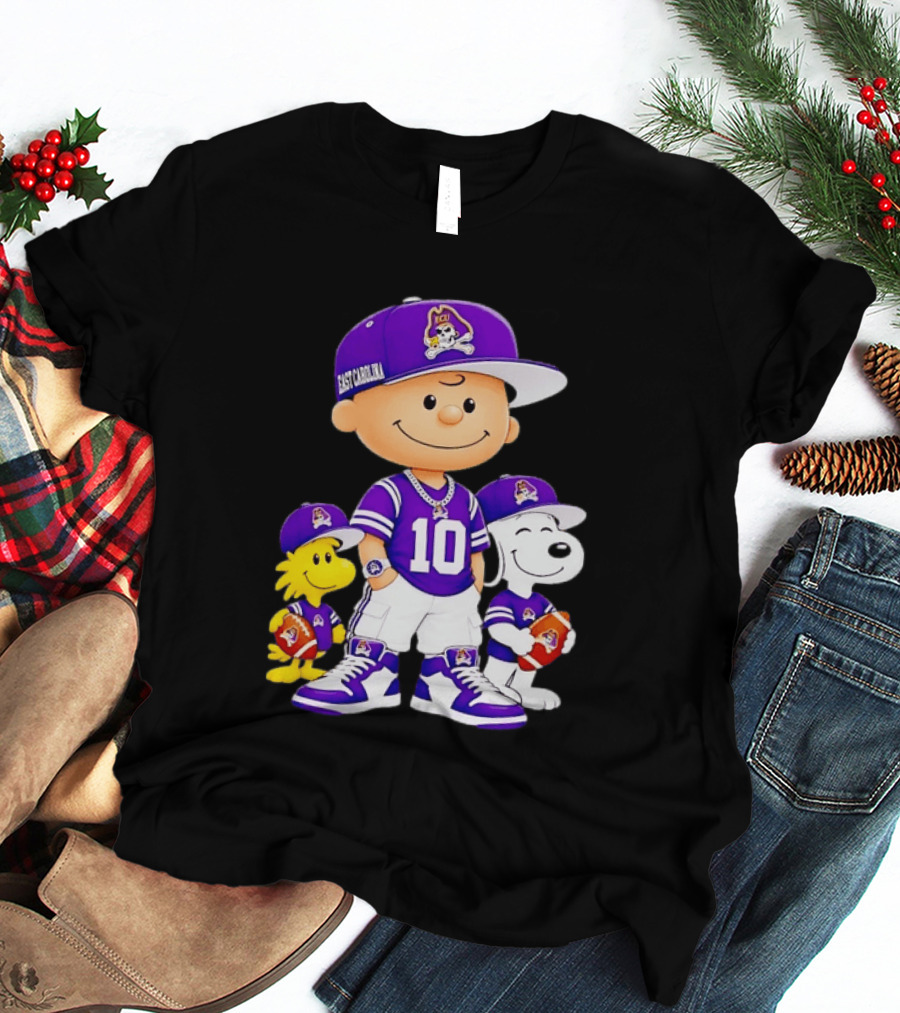 East Carolina Pirates Charlie Brown Woodstock Snoopy Number 10 Football Fans T-Shirt