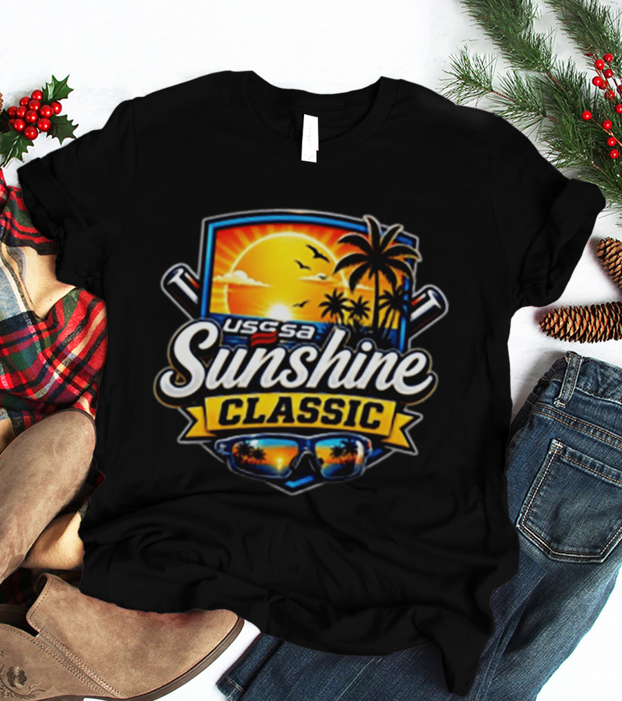 USSSA 13th Annual Sunshine Classic Baseball Tournament With Tropical Sunset And Palm Trees T-Shirt