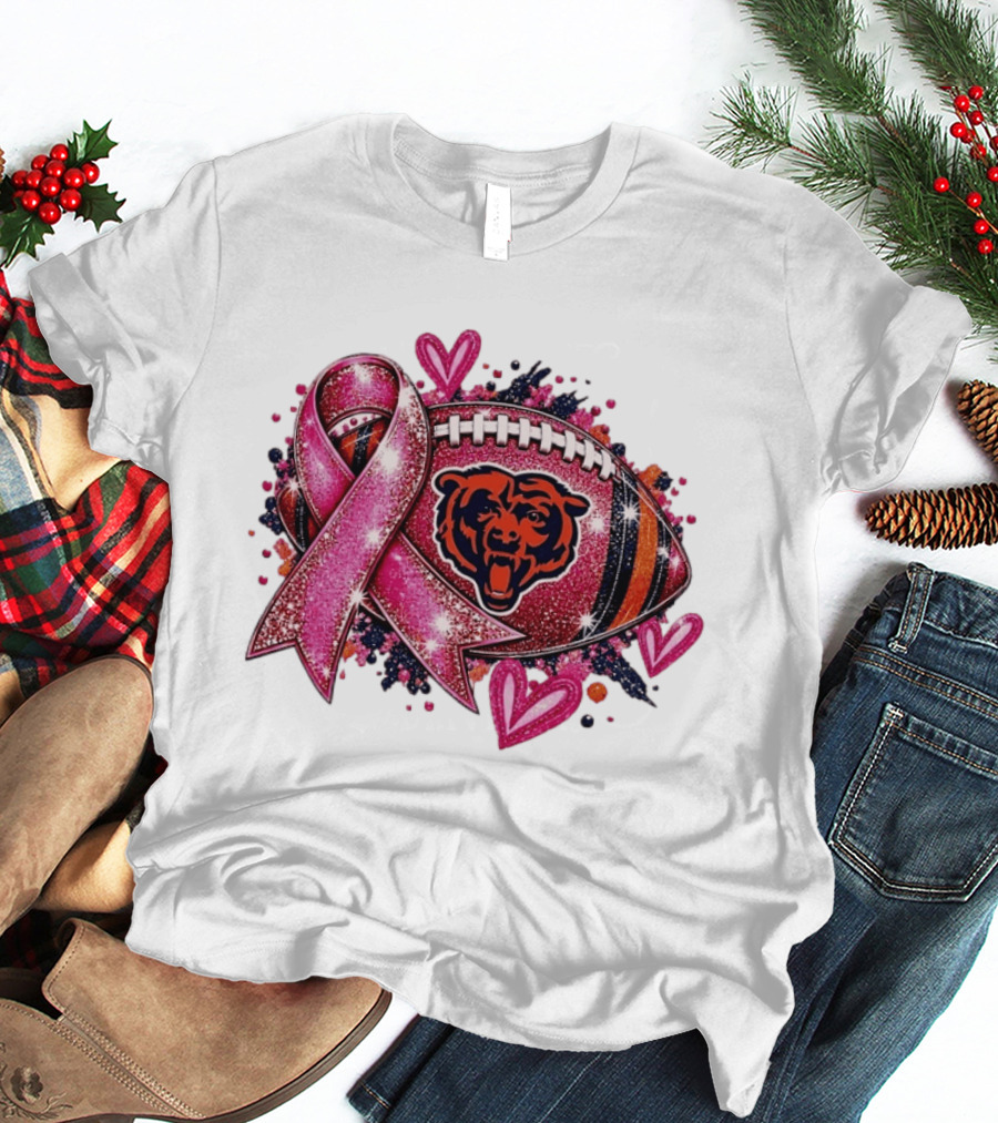 Chicago Bears Breast Cancer Awareness Pink Ribbon Football Hearts T-Shirt