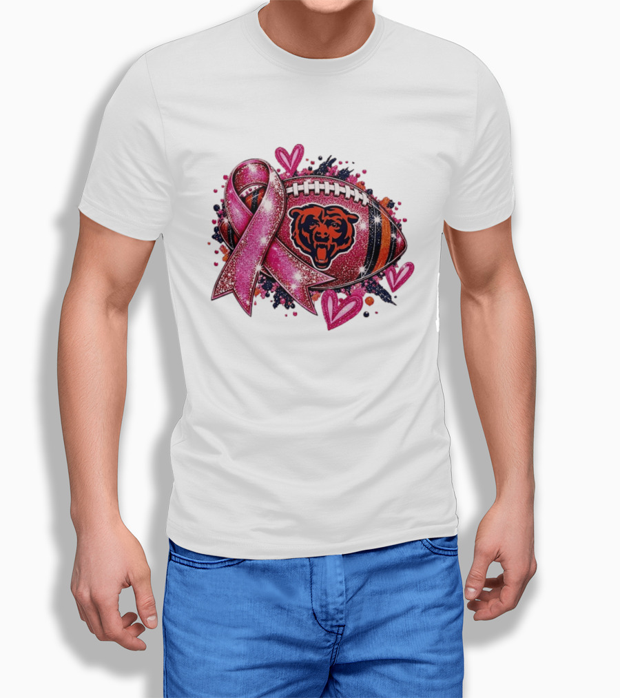 Chicago Bears Breast Cancer Awareness Pink Ribbon Football Hearts T-Shirt