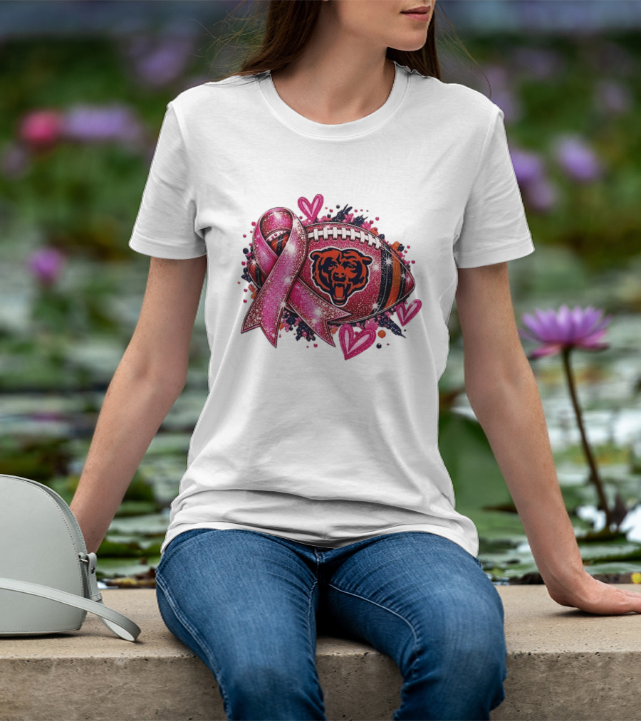 Chicago Bears Breast Cancer Awareness Pink Ribbon Football Hearts T-Shirt