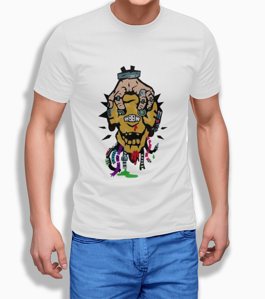 Cybernetic Skull With Robotic Hand In Bold Cyberpunk T-Shirt