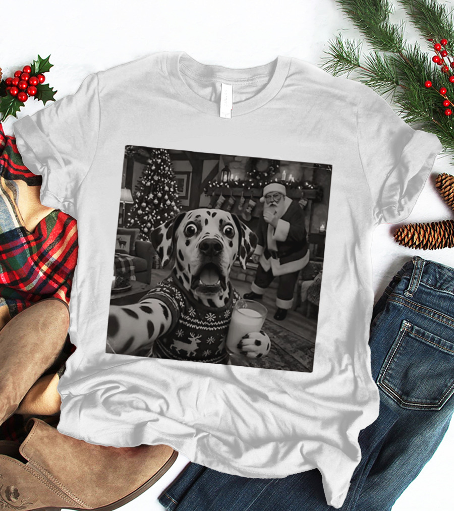 Dalmatian Christmas Santa Dog Holiday Selfie With Milk And Christmas Tree T-Shirt