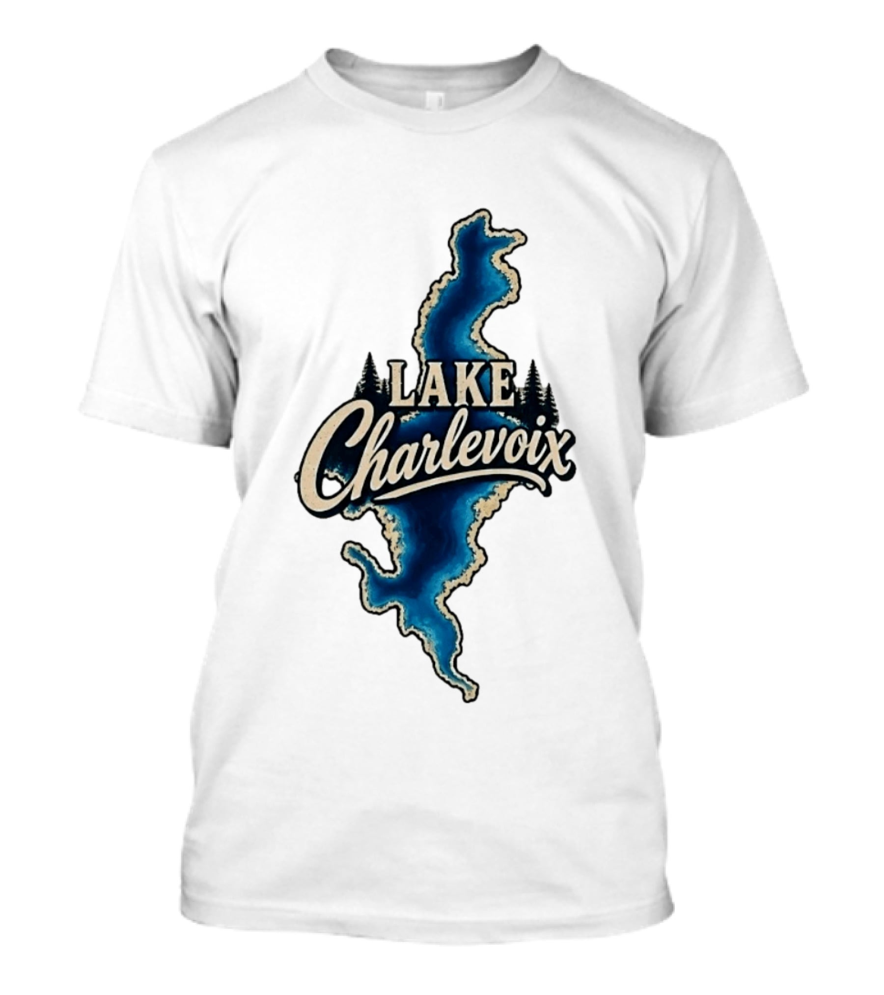 Lake Charlevoix Michigan Map Waterfront Trees T-Shirt
