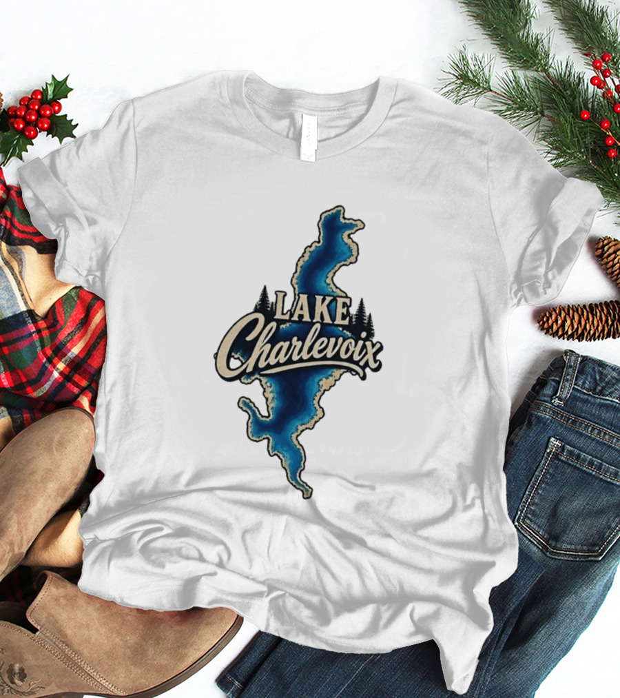 Lake Charlevoix Michigan Map Waterfront Trees T-Shirt