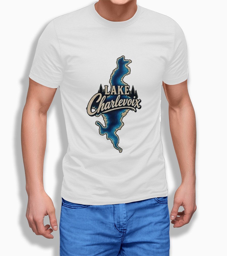 Lake Charlevoix Michigan Map Waterfront Trees T-Shirt