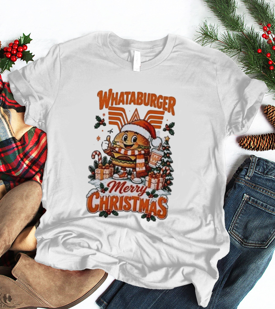 Whataburger Merry Christmas Festive Holiday Burger Santa With Gifts And Drink T-Shirt