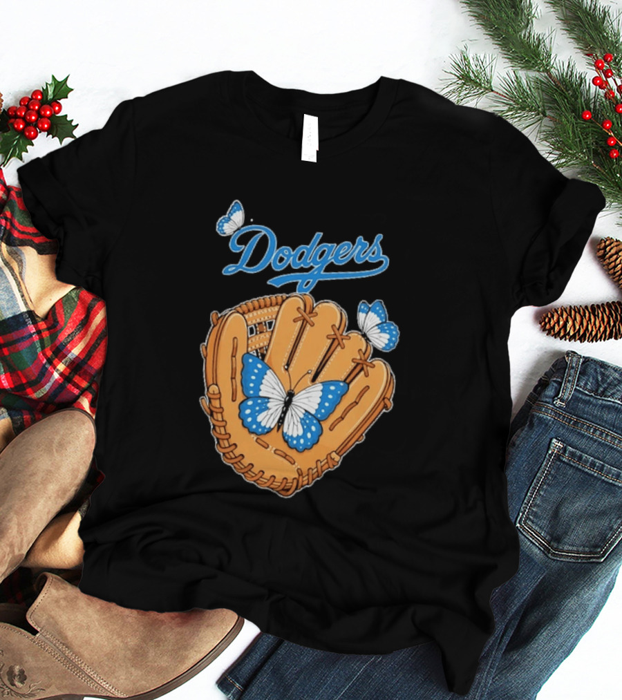 Dodgers Baseball Glove With Blue Butterflies T-Shirt