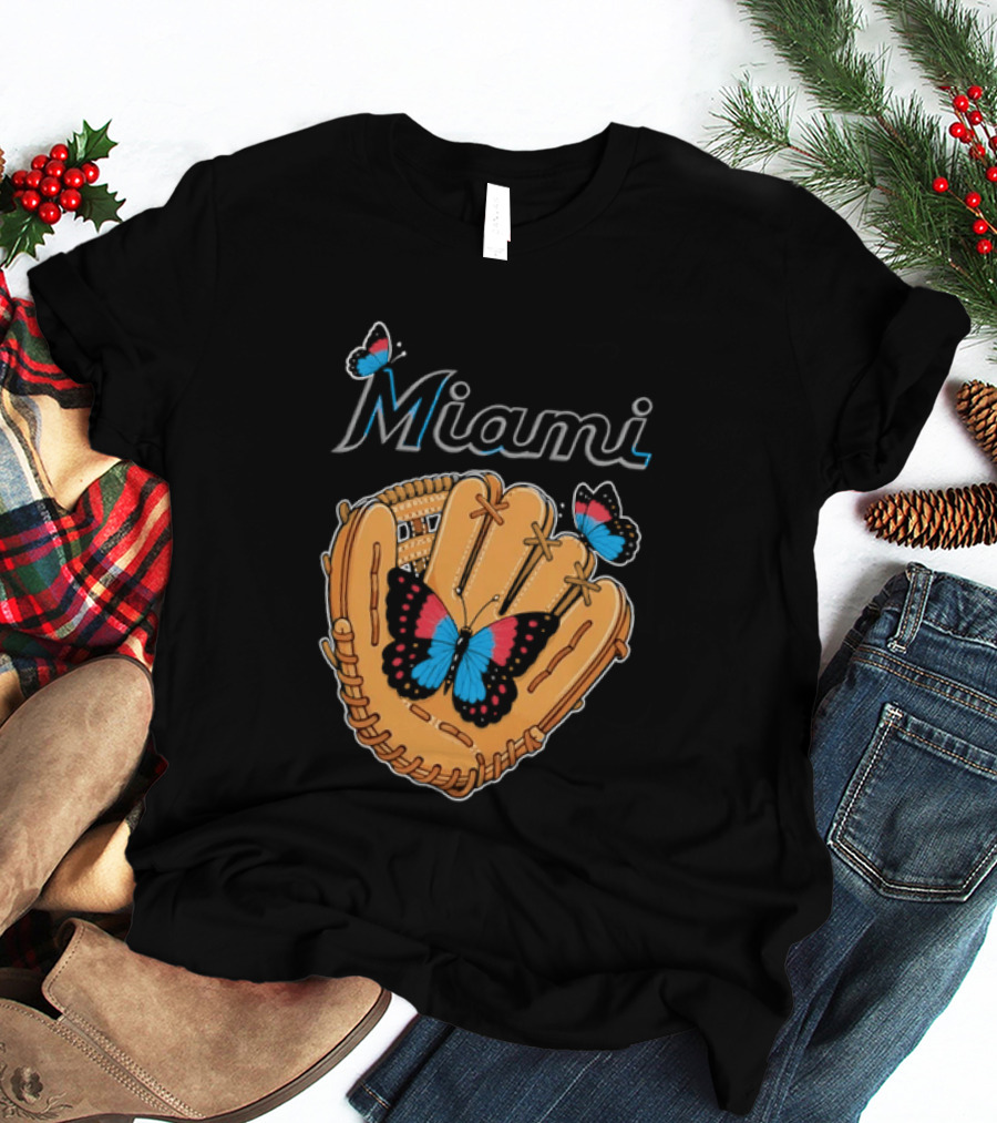Miami Baseball Glove Butterflies Vibrant Sports T-Shirt