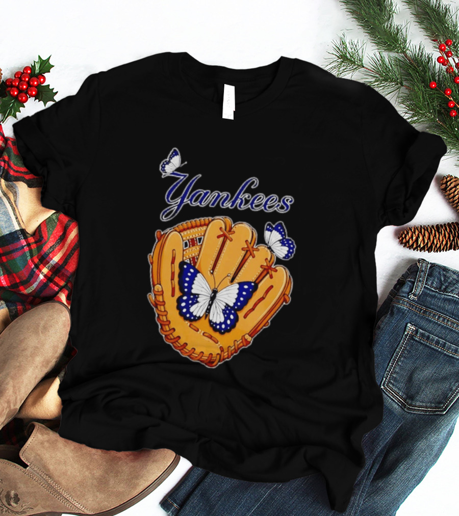 Yankees Baseball Glove With Blue And White Butterflies T-Shirt
