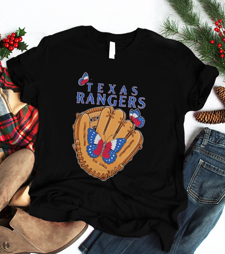 Texas Rangers Baseball Glove Butterflies T-Shirt
